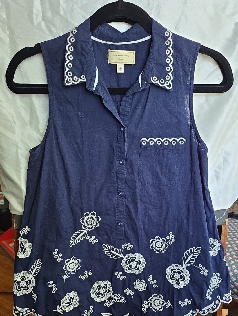 Moulinette Soeurs- Sleeveless Navy Embroidered Button-Down Top